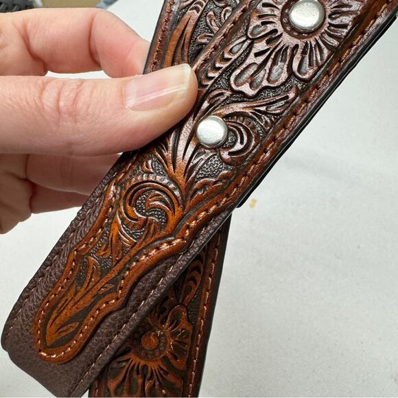 Nocona Tooled Brown Leather Belt Western Unisex 22 Floral Boho Silver Hardwear - Picture 7 of 10